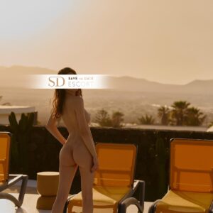 Eine zierliche brünette Frau steht mit dem Rücken zur Kamera. Im Hintergrund ist der Sonnenuntergang zu sehen. Sie ist komplett nackt und trägt nur High Heels, seitlich ist ein Teil ihrer Brust zu erkennen.